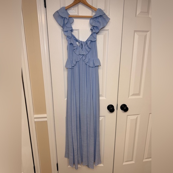 Flawless Shells By The Coast Ruffle Maxi Dress Open Back NWT M Sky Blue Boho - Picture 2 of 9